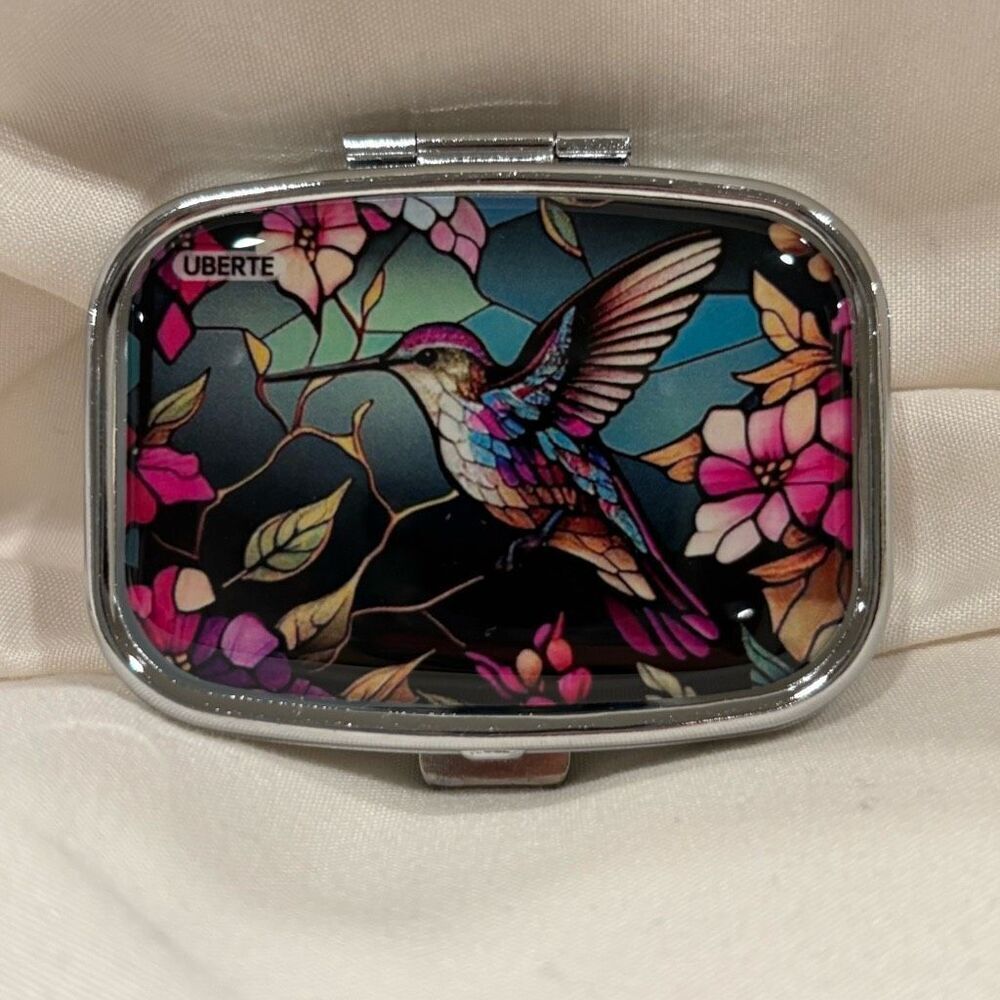 Stained Glass Hummingbird Travel Pill Box 2 Compartment Medicine Pill Case NEW